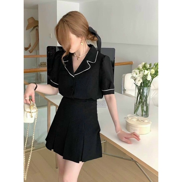 set vest dạ cổ vest viền + chân váy xếp li siêu đẹp