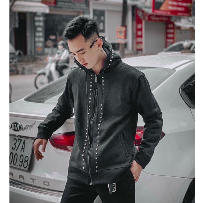 Áo Hoodie Zip Đen Đính Đá Áo Khoác Nam Có Mũ Đính Đinh Chất Vải Nỉ Cao Cấp (Hàng Mới Về)