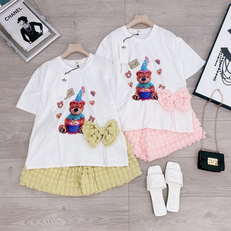 [ 𝐅𝐑𝐄𝐄 𝐒𝐇𝐈𝐏 ]  SÉT ÁO PHÔNG GẤU NƠ EO MIX SOOC PHỒNG SIÊU PHẨM