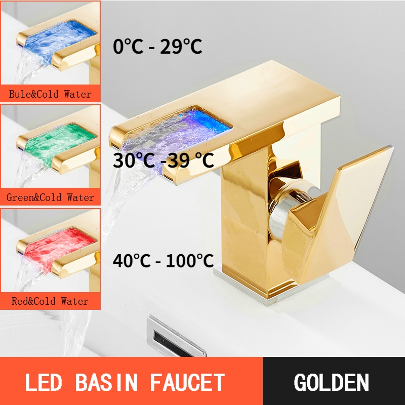 Firte Vòi Nước Nóng Lạnh Hình Thác Nước Bằng Đồng Thau Có Đèn LED Màu Vàng Sang Trọng Thay Đổi Màu Sắc Dành Cho Phòng Tắm