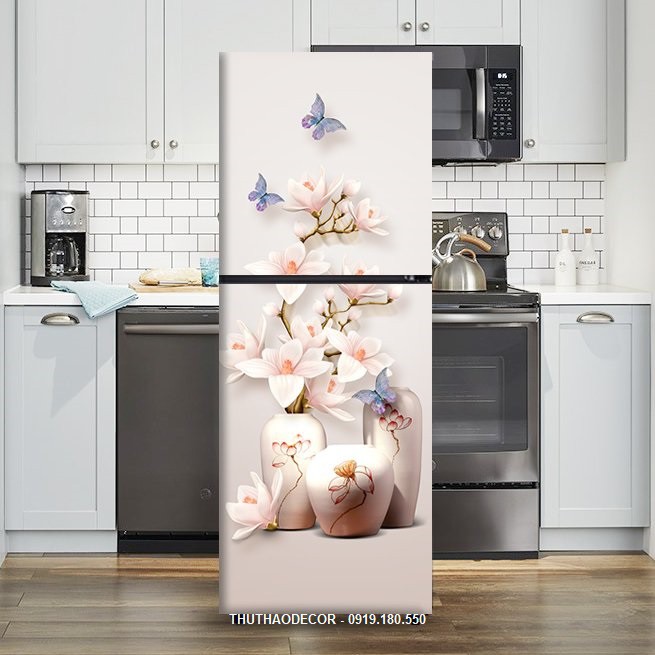 Decal dán tủ lạnh 3D BÌNH HOA GỐM TRẮNG  chống nước và lau chùi thoài mái - Trang trí nhà cửa