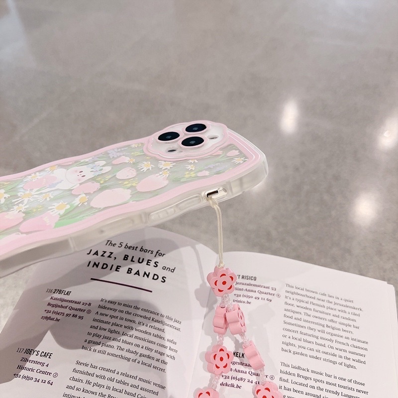 Ốp lưng iphone mềm dẻo viền mây trong suốt màu hồng pastel có bé thỏ siêu cute dễ thương