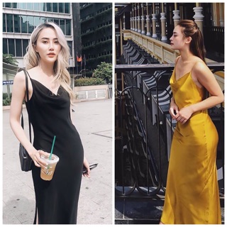 Đầm 2 dây trễ cổ chất lụa satin cao cấp