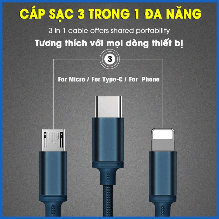 Dây Sạc 3A-Cáp Sạc 3 Đầu Remax rc-189th Micro-Type C-- Bảo Hành 6 Tháng