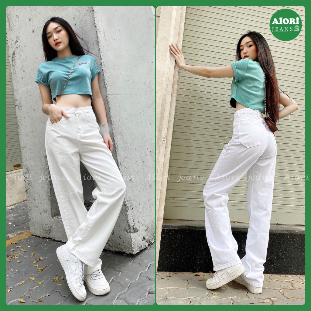 Quần Jean Nữ Aiori Fashion Ống Suông Lưng Cao Trắng Đen Quần Bò Ống Rộng Hàng Cao Cấp A001