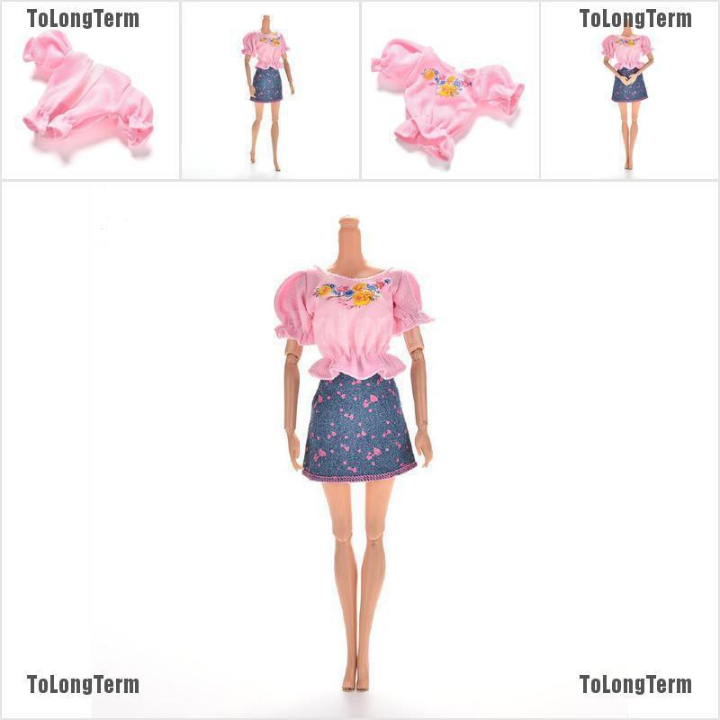Set 2 Món Áo Thun Và chân váy jean Màu Hồng Cho Búp Bê Barbie