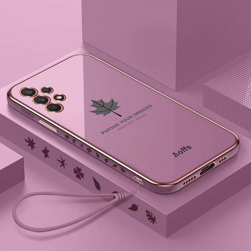 Ốp Điện Thoại Mạ Hình Lá Phong Sang Trọng Kèm Dây Đeo Cho Samsung Galaxy A23 A11 A21S A02S A20S Samsung A50 A50S A30S A51 A71
