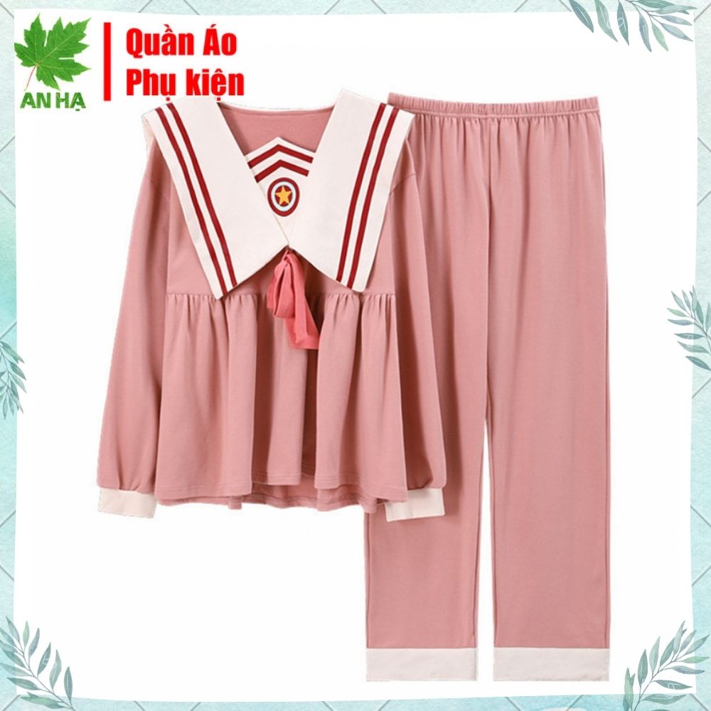 Đồ bộ mặc ở nhà , Bộ đồ ngủ nữ loại quần dài áo dài tay kiểu Hàn Quốc màu xanh hồng