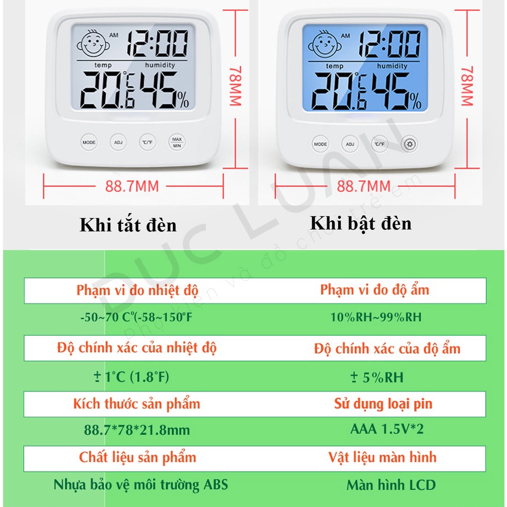 Nhiệt Ẩm kế Điện Tử Đo Nhiệt Độ Và Độ Ẩm Phòng Ngủ Cho Bé - Nhiệt kế cảnh báo độ ẩm