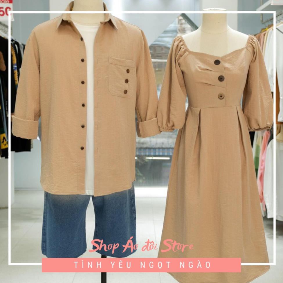 Bộ áo váy sơ mi cặp cao cấp, đồ đôi nam nữ  dễ thương, chất đẹp để chụp hình cưới, đi du lịch
