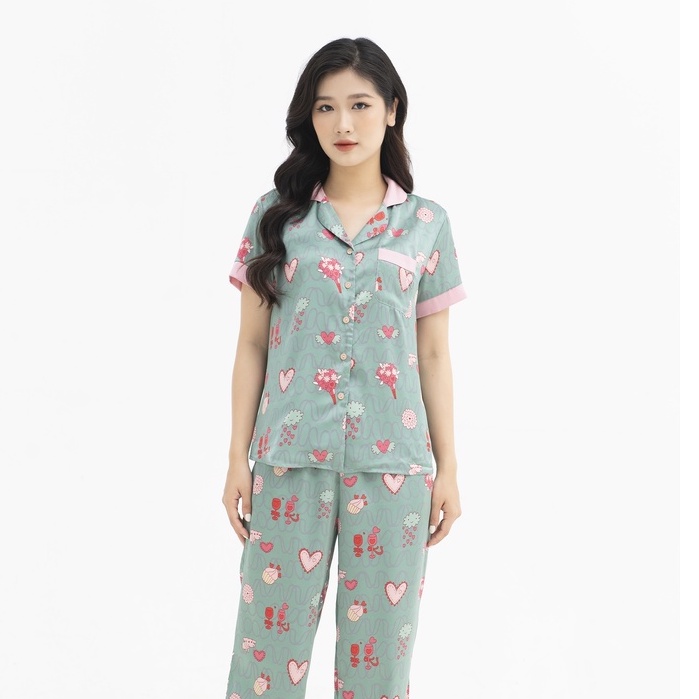 Bộ Đồ Mặc Nhà Lụa Satin Nhật JAPAN SILK Họa Tiết Sóng Xanh Lá CD014