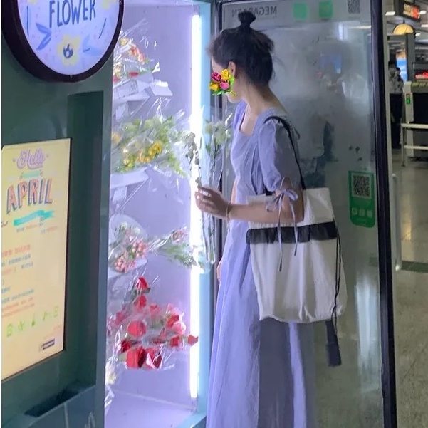 [MURIOKI] Đầm Dáng Chữ A Tay Phồng Cổ Vuông Màu Trắng Đen Phong Cách Hàn Quốc Thời Trang Cho Nữ