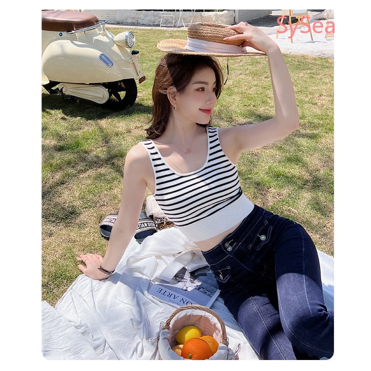 Áo Hai Dây Dệt Kim Kẻ Sọc Thời Trang Hàn Quốc Cho Nữ