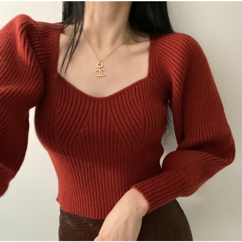 Áo sweater Cổ Vuông Tay Phồng Màu Trơn Thời Trang Thu Đông 2022