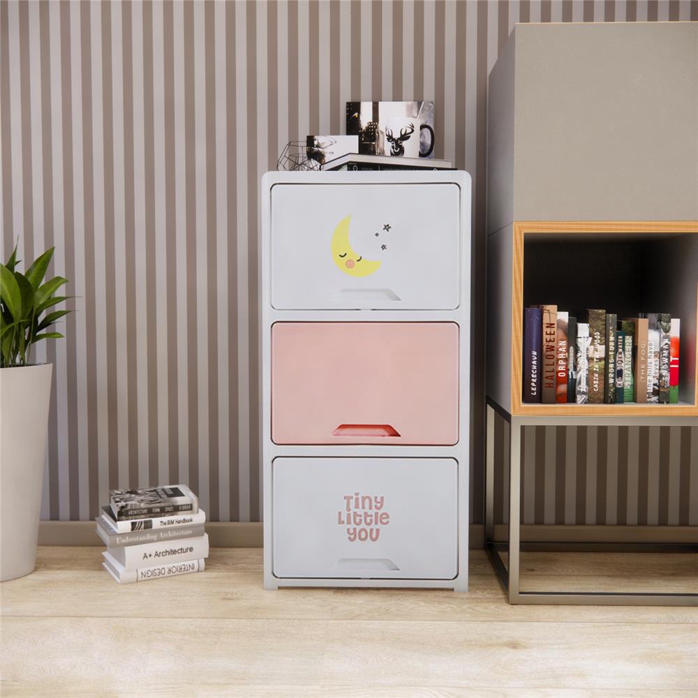 HomeBase STACKO Tủ nhựa 3 ngăn kéo hoạt hình TINY W45xH90xD32cm màu hồng pastel