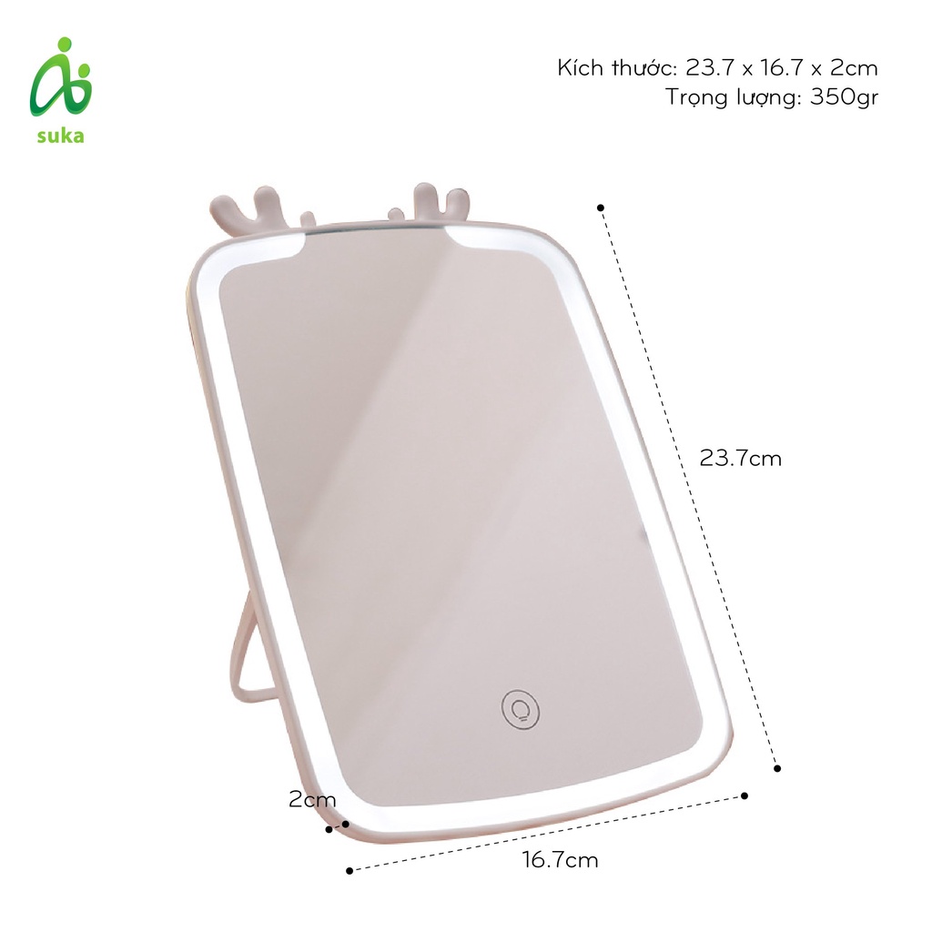 Gương để bàn chữ nhật có đèn led, gương makup trang trí tai tuần lộc dễ thương