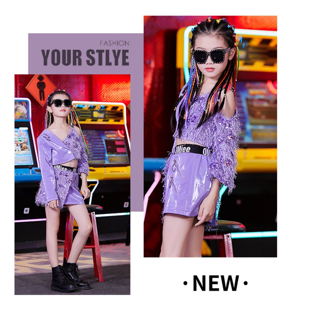 Trang Phục Biểu Diễn Nhảy Hip Hop Đường Phố Đính Kim Sa Lấp Lánh Dành Cho Bé Gái