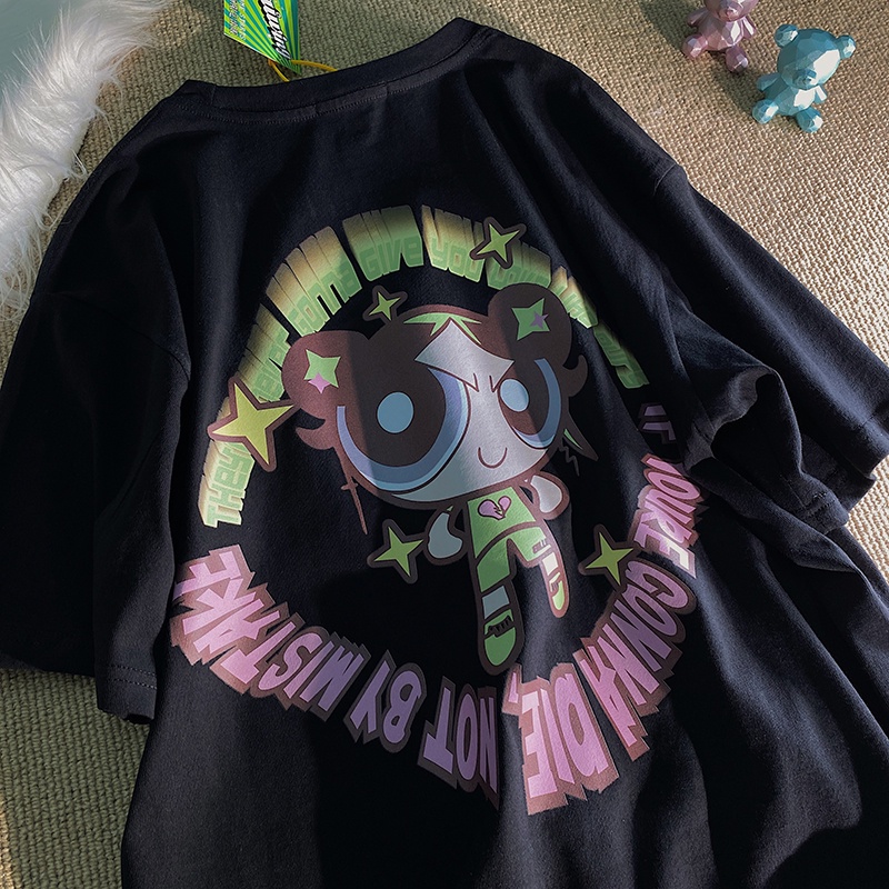 Áo thun Fashmily 100% cotton tay ngắn dáng suông in họa tiết hoạt hình phong cách harajuku Nhật Bản thời trang cho nữ