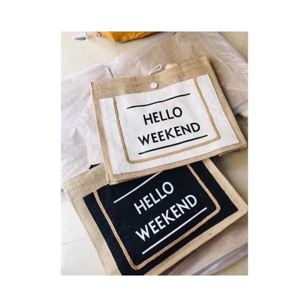 Túi cói du lịch hello weekend Phong cách Hàn Quốc