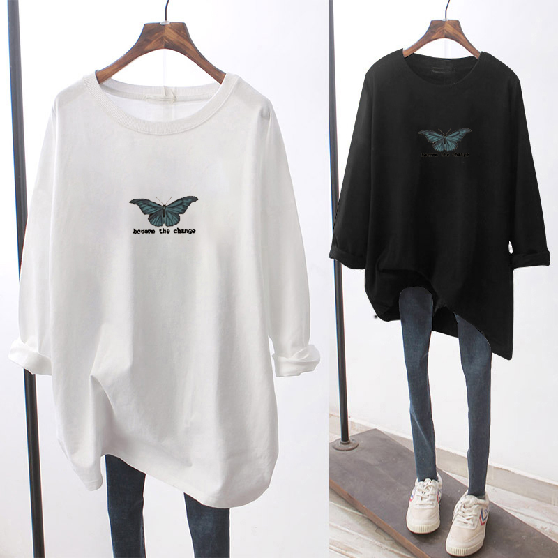NRVP Áo thun dáng rộng tay dài họa tiết bướm thời trang mùa thu cho nữ