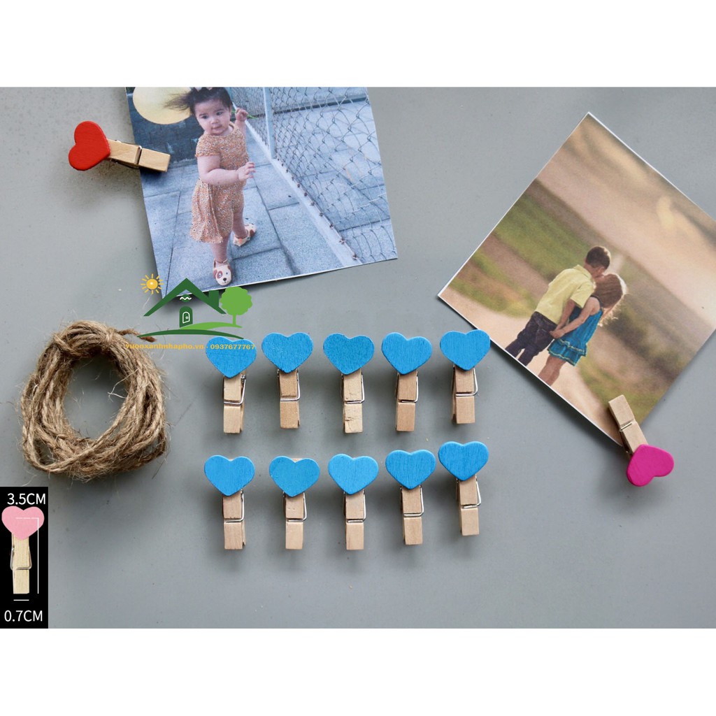 Bộ 10 kẹp gỗ trái tim treo hình ảnh tặng 2 mét dây thường, có 10 màu chọn lựa size 3.5x0.7cm
