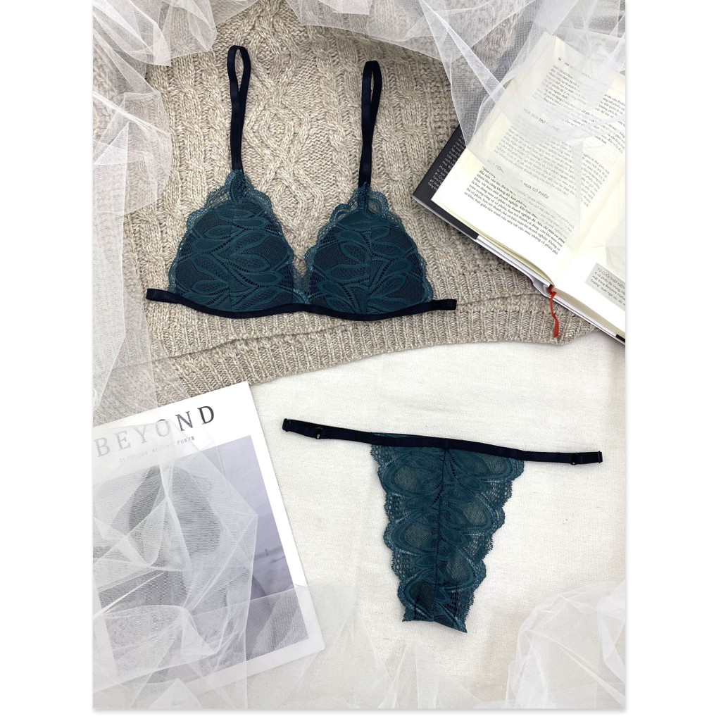 👙 Bra thiết kế sexy 👙 Đồ lót nữ bralette vải ren cao cấp màu xanh rêu có mút gồm áo + quần | BigBuy360 - bigbuy360.vn