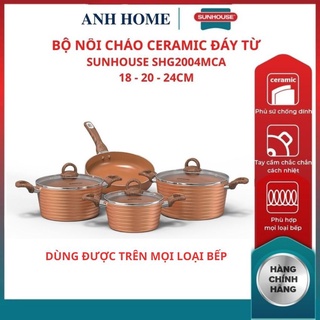 ( HCM - SHIP 2H ) Bộ nồi chảo nhôm đáy từ chống dính ceramic SHG2004MCA SUNHOUSE thiết kế bắt mắt nổi bật màu vàng đồng