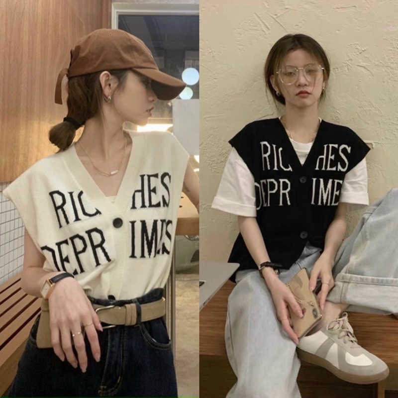 Áo crop len tanktop chữ hai màu đen trắng