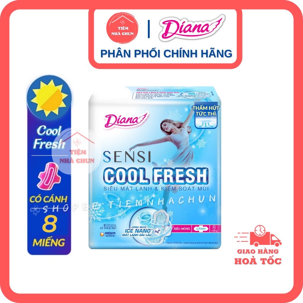 CHE TÊN -  Băng Vệ Sinh Diana Sensi Cool Fresh Siêu Mỏng Mát Lạnh Có Cánh - TIEMNHACHUN