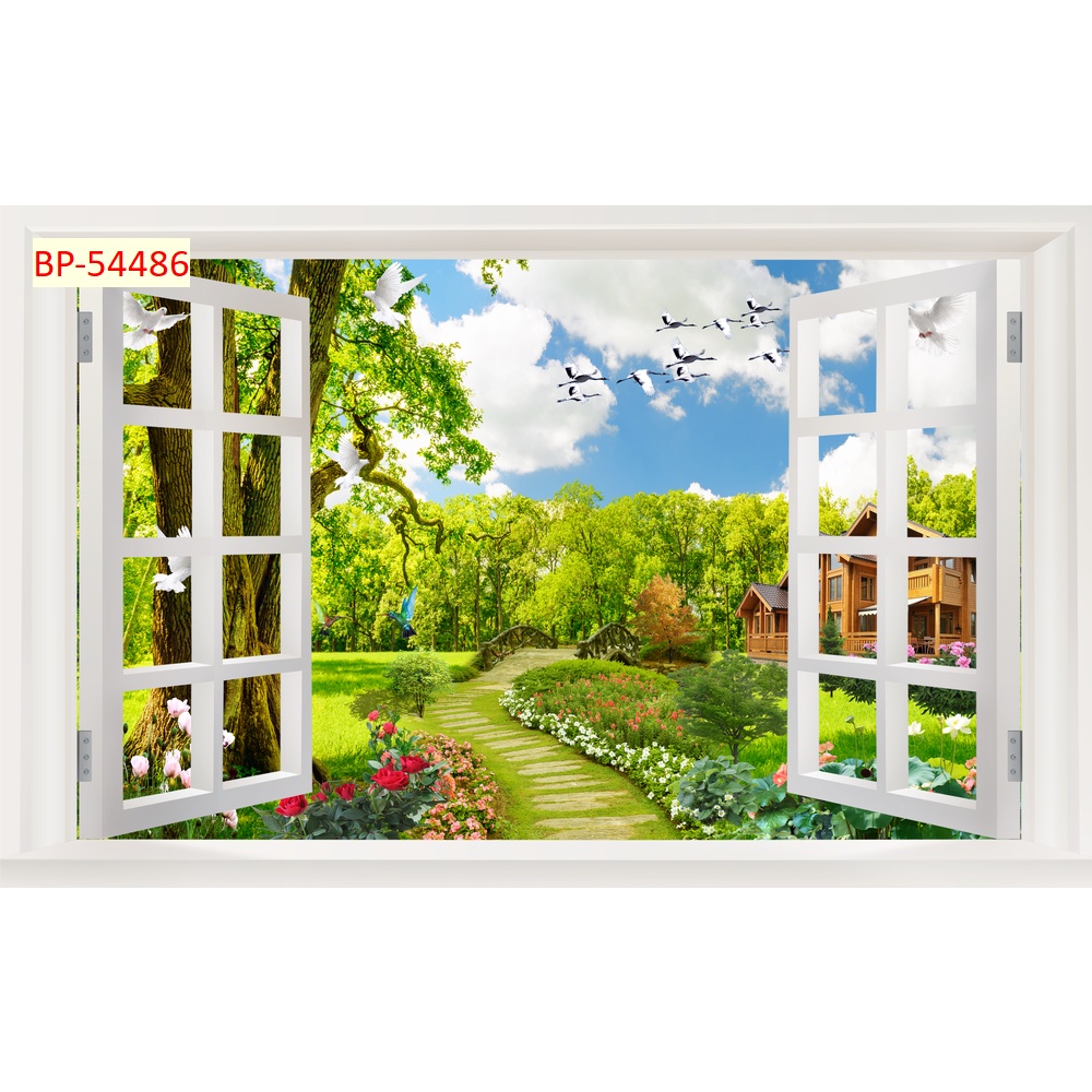 Tranh dán tường 3D khung cửa sổ phong cảnh
