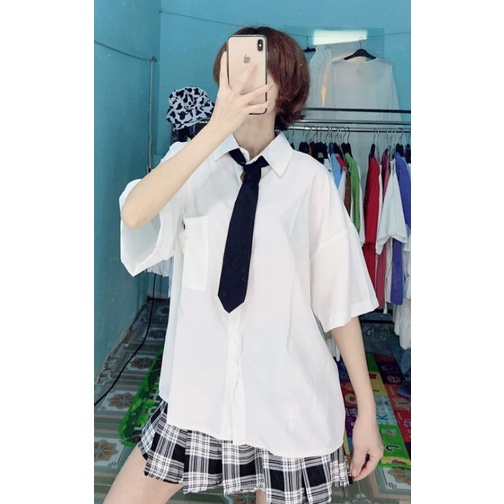 Áo sơ mi tay lỡ kèm carvat rời Ullzang vải pha đũi mềm mại.hangtotgiare98