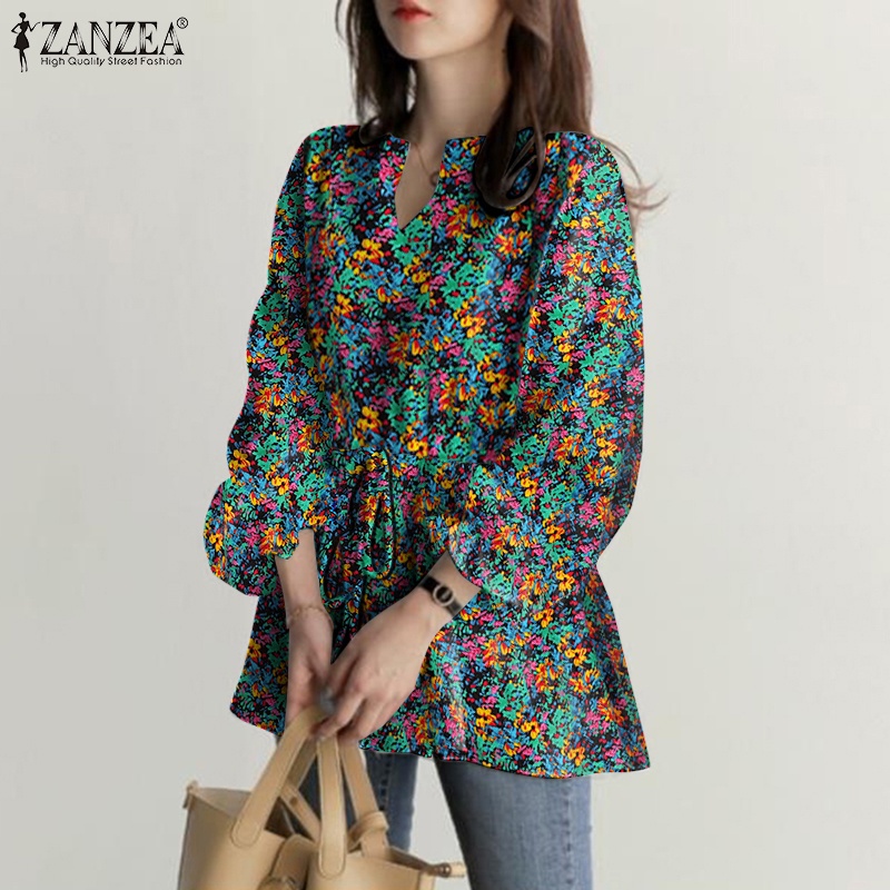 Áo ZANZEA tay dài in họa tiết thiết kế eo dây rút cổ tay thun thời trang thường ngày cho nữ