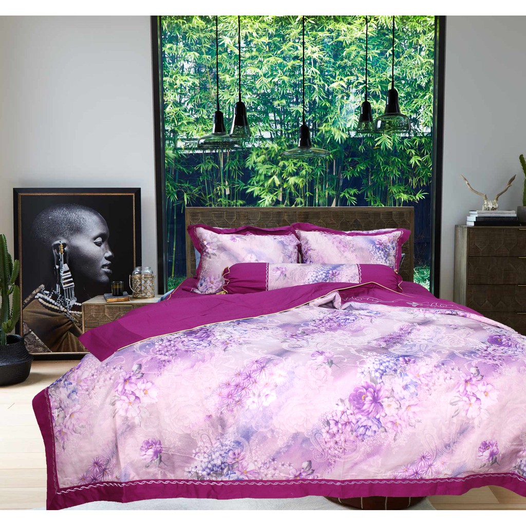 Bộ chăn ga gối ra giường satin gấm tơ tằm màu hồng tím phối hoa Hàn Quốc thumbnail