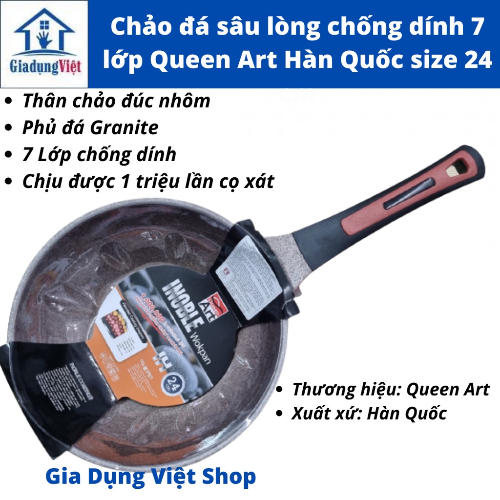 Chảo đá chống dính sâu lòng 7 lớp size 24 cm Queen Art Hàn Quốc