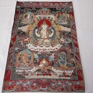 ۩Bức tranh thangka tinh xảo của Nepal thêu Phật bằng lụa vàng Tây Tạng Bốn cánh tay Bà Quan Âm