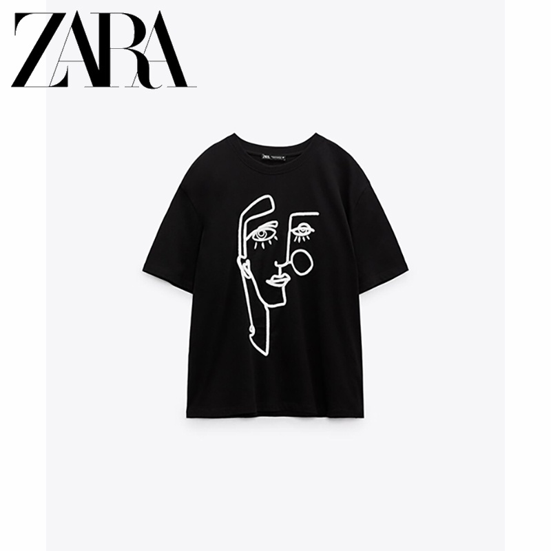 Zara Áo Thun Tay Ngắn Cổ Tròn Thêu Hình Thời Trang Thu Đông Cho Nữ