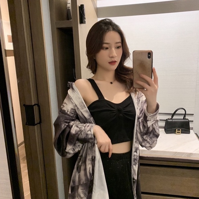 Áo hai dây ZHELIHANGFEI dệt kim dáng ngắn hở lưng thời trang gợi cảm