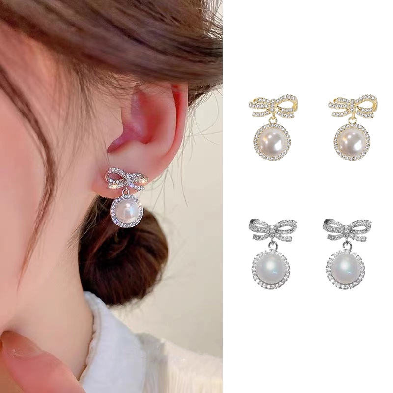 S925 Bông tai ngọc trai Bông tai bạc Nơ Bông tai tròn Bông tai thời trang Phụ kiện Trang sức Quà tặng