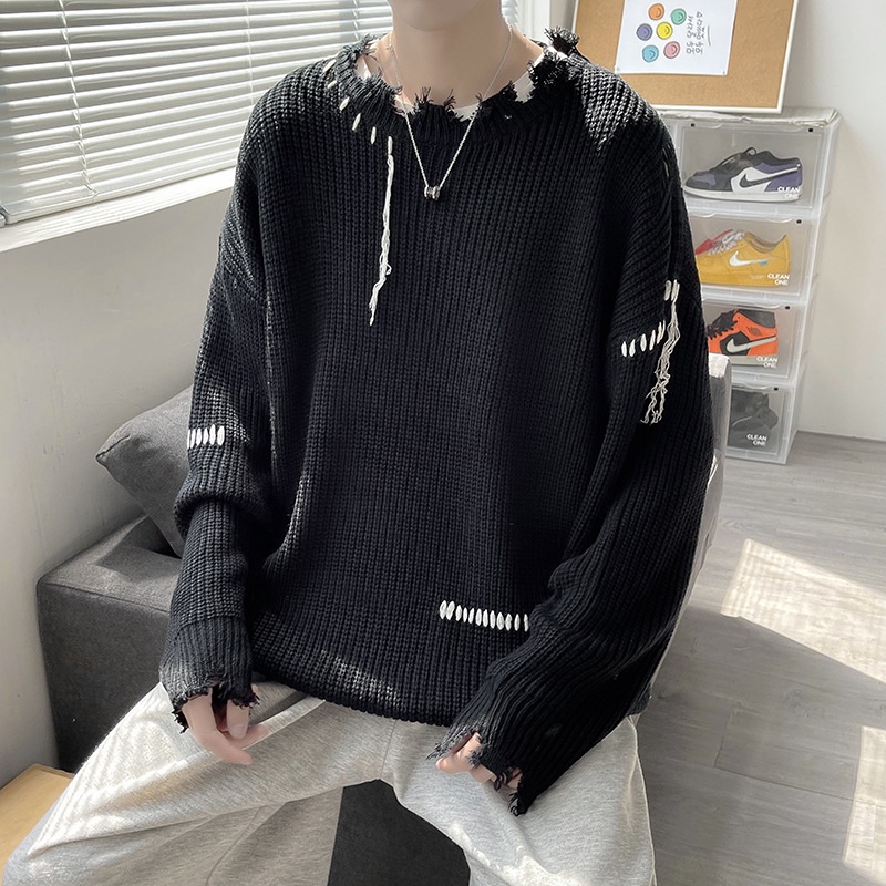Áo sweater phối rách phong cách đường phố thời trang thu đông cho cặp đôi