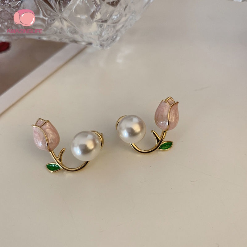 Khuyên Tai / Bông Tai Hình Hoa Tulip Đính Ngọc Trai Giả Thời Trang Hàn Quốc Cho Nữ