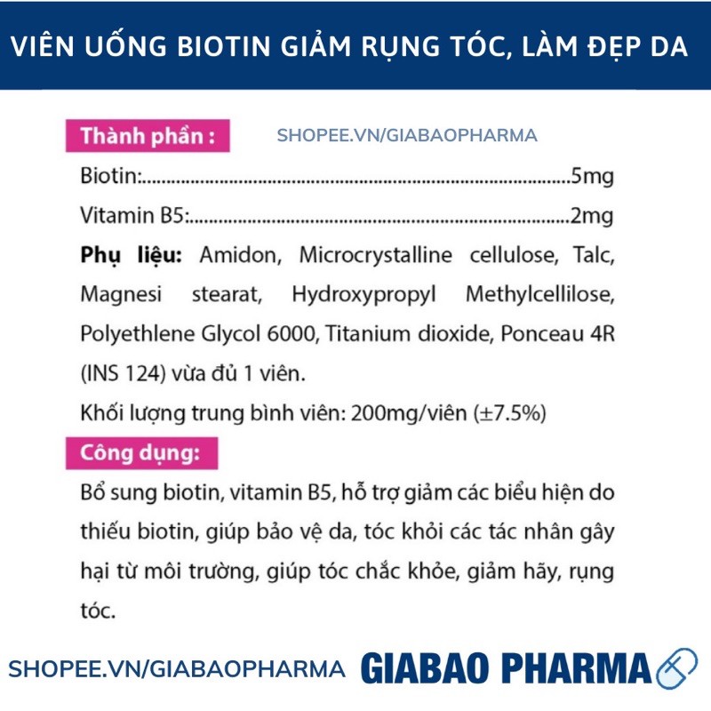 Viên uống bổ sung Biotin, Vitamin B5 giúp tóc chắc khỏe, giảm gãy rụng tóc - Hộp 20 viên