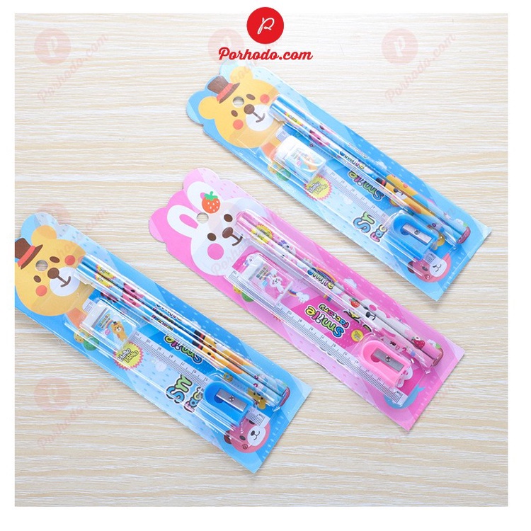 Set 5 dụng cụ học tập dễ thương dùng làm quà tặng cho bé gồm 2 bút chì+ thước + gôm + gọt chì VP2101208