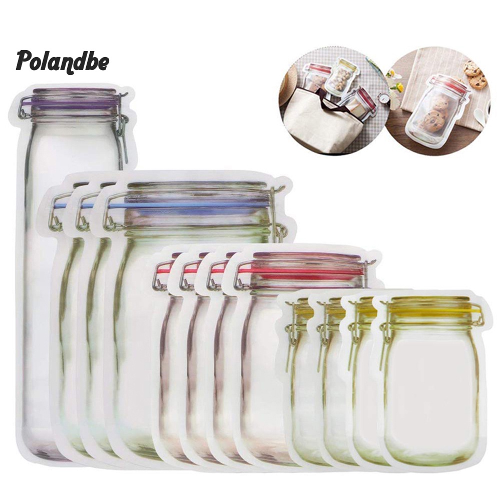 pe 10/12Pcs Jar Shape Zipper Bag Reusable Snack Saver Food Sandwich Storage Pouch