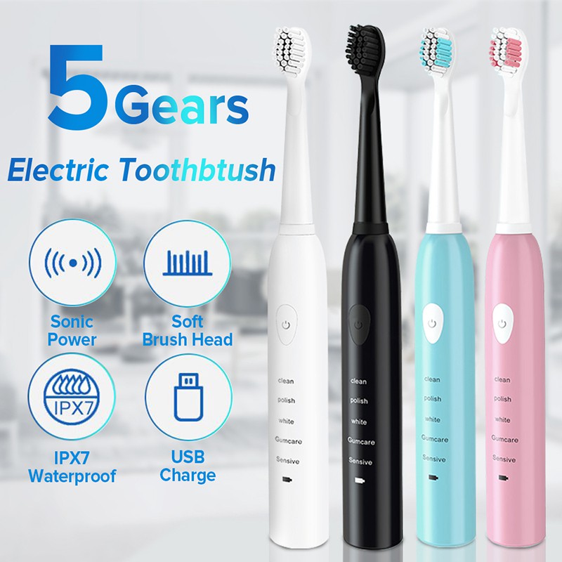 Bàn chải điện, đầu bàn chải  5 chế độ Hàng Nội Địa Cao Cấp Bàn chải làm sạch IPX7 Không thấm nước với 4 đầu bàn chải