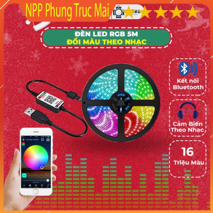 Đèn led Tiktok đổi màu RGB dùng App 5m cảm biến nhạc trang trí IP65 bọc keo silicone