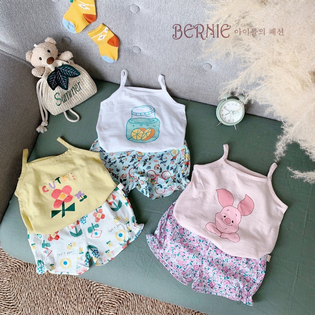 Bộ hai dây cotton mềm mát bé gái, đồ mặc nhà 2 dây cho bé