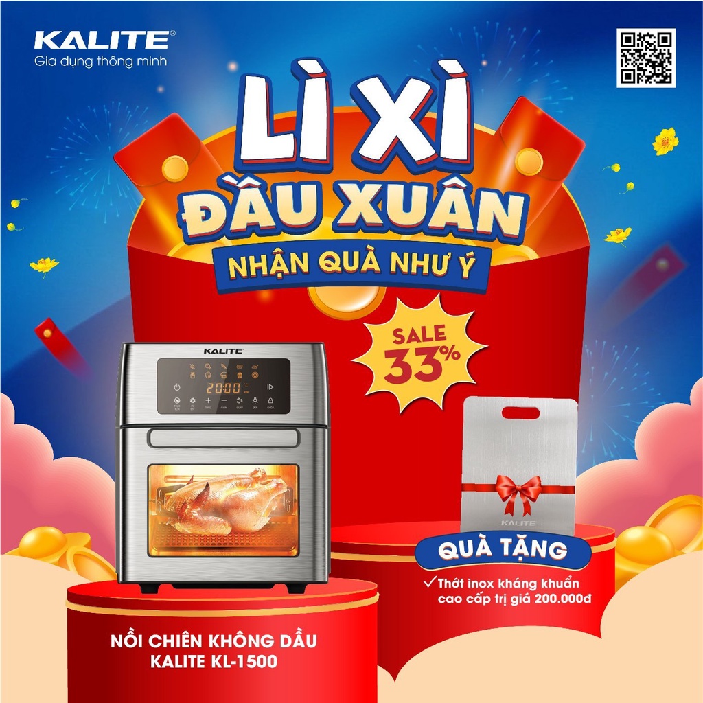 [Mã ELMALL10 giảm 10% đơn 500K] Nồi chiên không dầu Kalite KL 1500, dung tích 15L, công suất 1700W, phụ kiện đang dạng