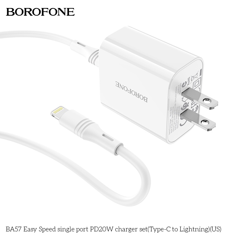 Sạc iphone 20W Borofone BA57: Củ sạc nhanh iphone 20W PD và dây sạc type-C to lightning tương thích IP 13,12,11,X,8,7,6