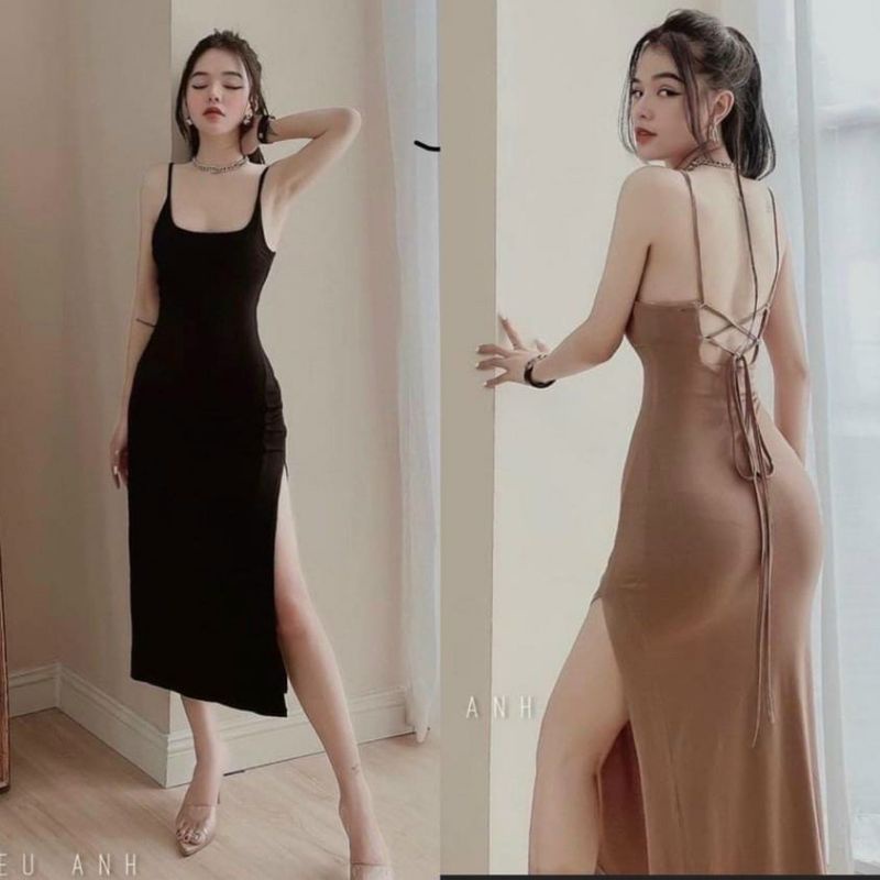 Đầm Thun Borip Ôm Body Dáng Dài Maxi Xẻ Tà - Thiết Kế Hai Dây Hở Lưng Cột Nơ Sang Chảnh