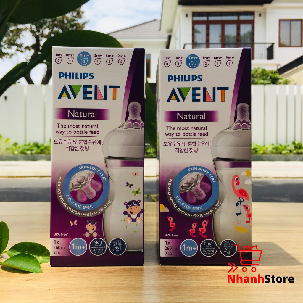 Bình sữa Avent Nautural 260ml Họa tiết Hà mã, Hạc hồng